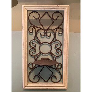 Rustic Iron Wall Candle Holder In Distressed Off White Wooden Frame